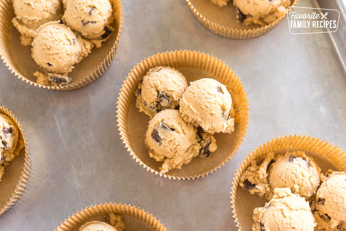 Scoops of dough in a large baking cup