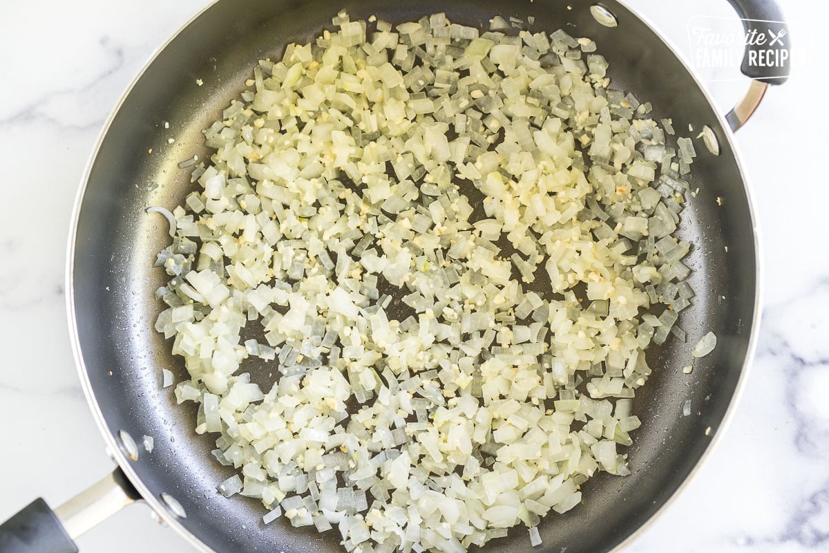 sauteed onions and garlic in a skillet