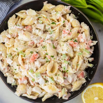 Bowl of Crab Pasta Salad.