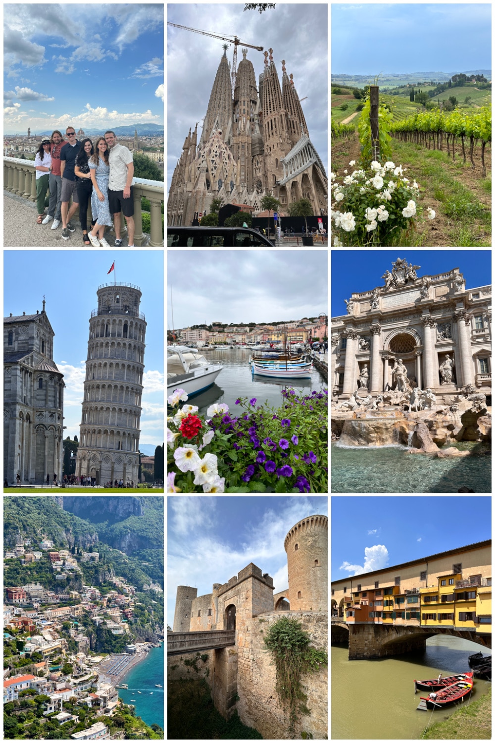 a collage of images in Europe from our cruise on the Disney Dream including Pisa, Florence, Rome, and Barcelona