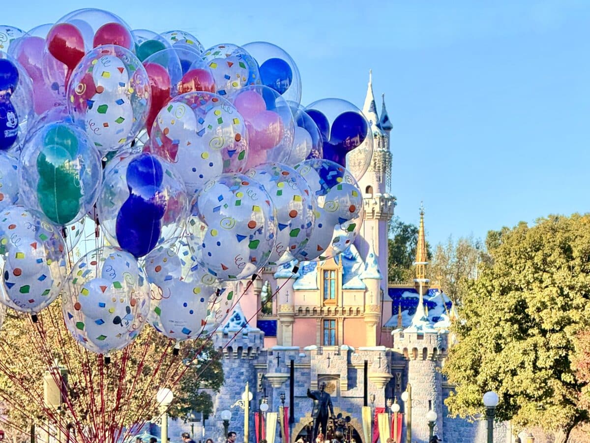 Wide image of the Disneyland Castle with Mickey Balloons