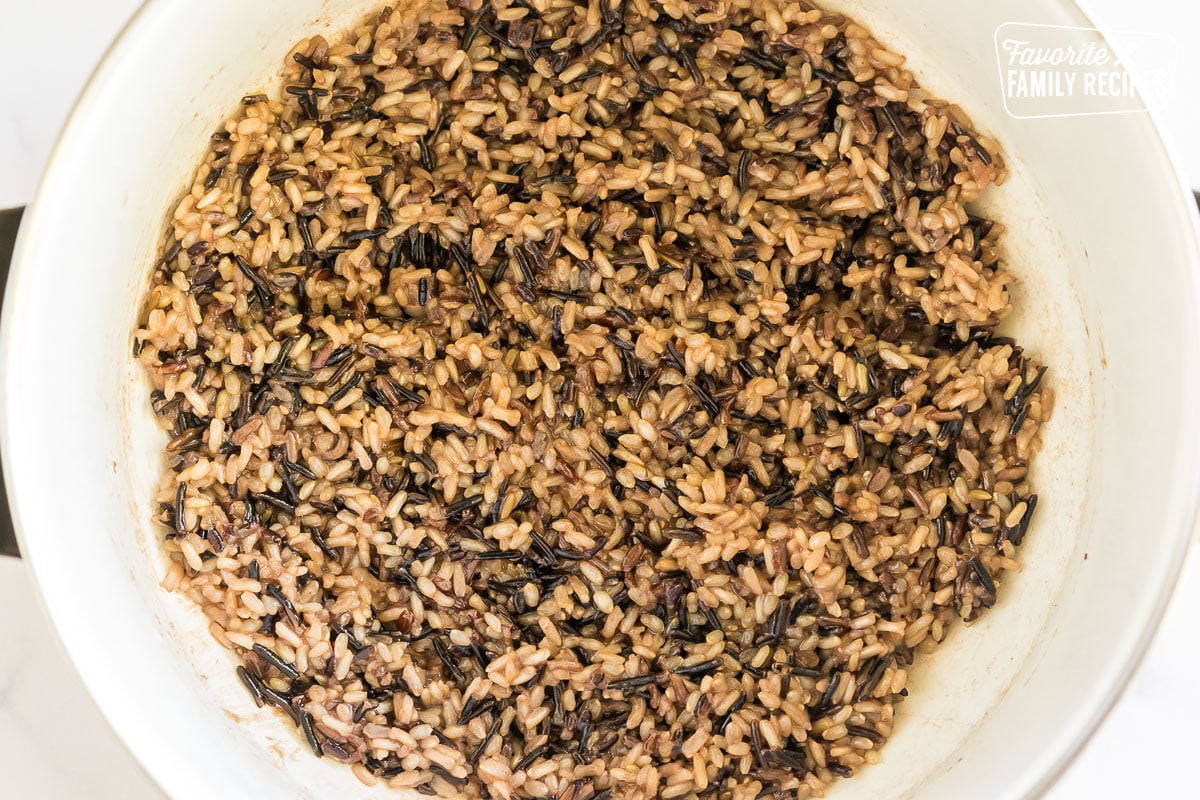 Cooked wild rice in a pot