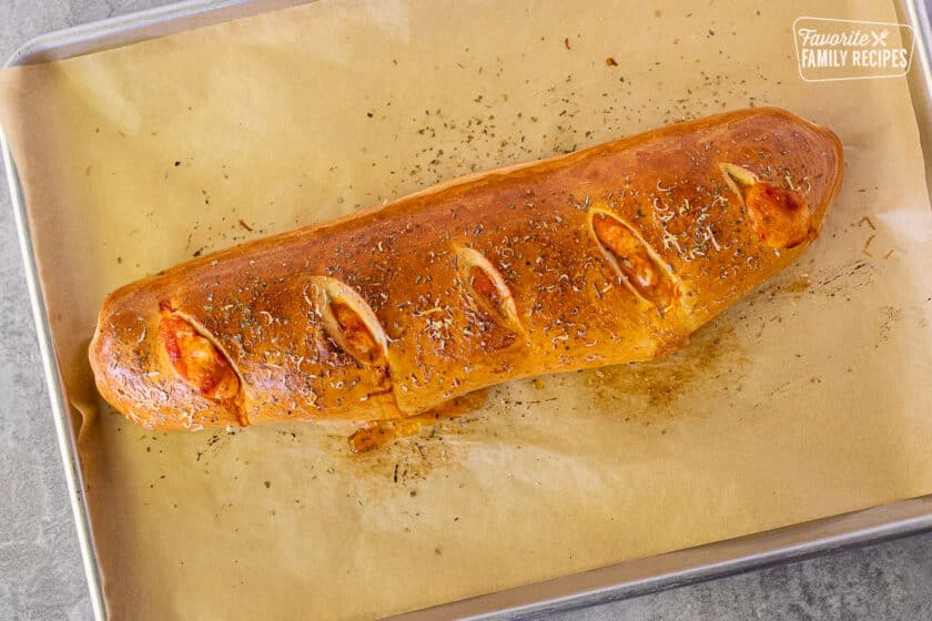 Baked Stromboli on a sheet pan.