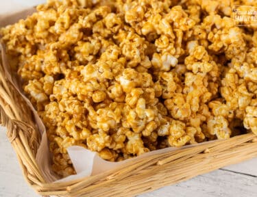 Basket of caramel popcorn.