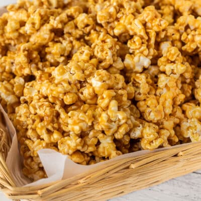 Basket of caramel popcorn.