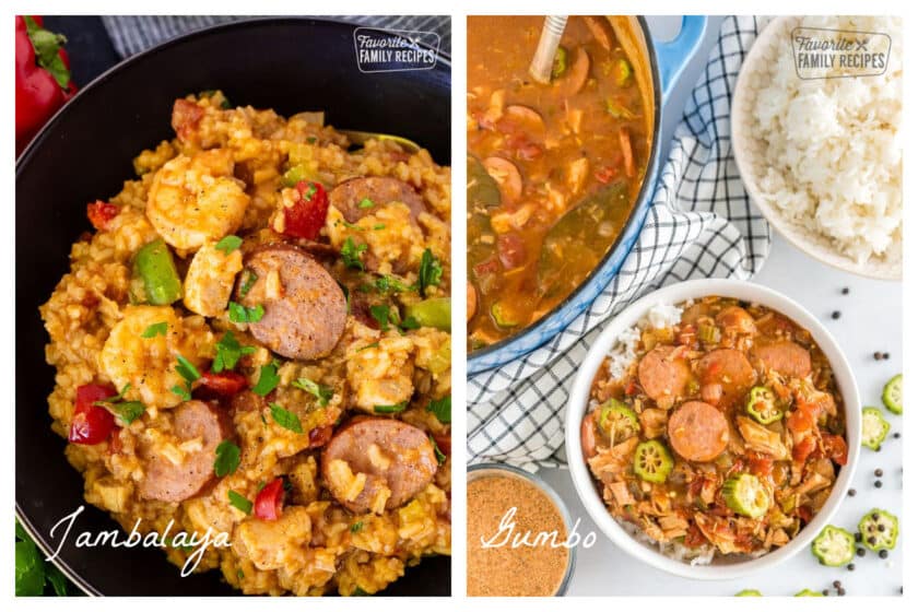 Side by side images of jambalaya and gumbo