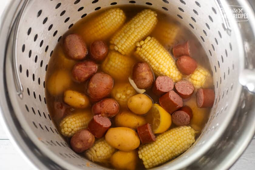 Stock Pot with corn, potatoes and smoked sausage.