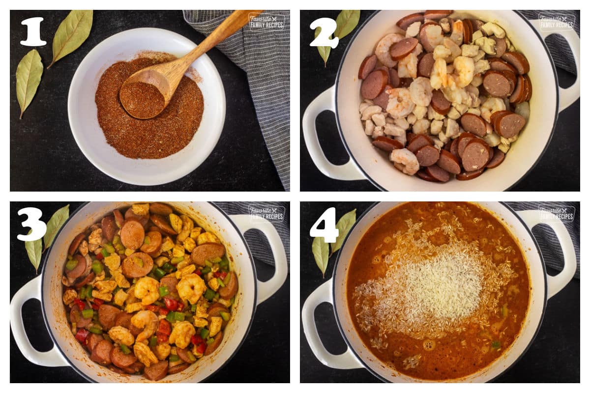 A collage of images showing the four steps for making an easy jambalaya recipe