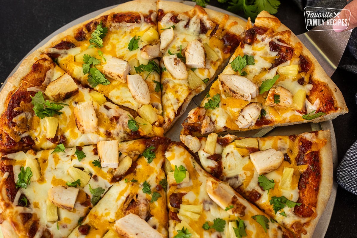 Slice of BBQ Chicken Pizza on a spatula.