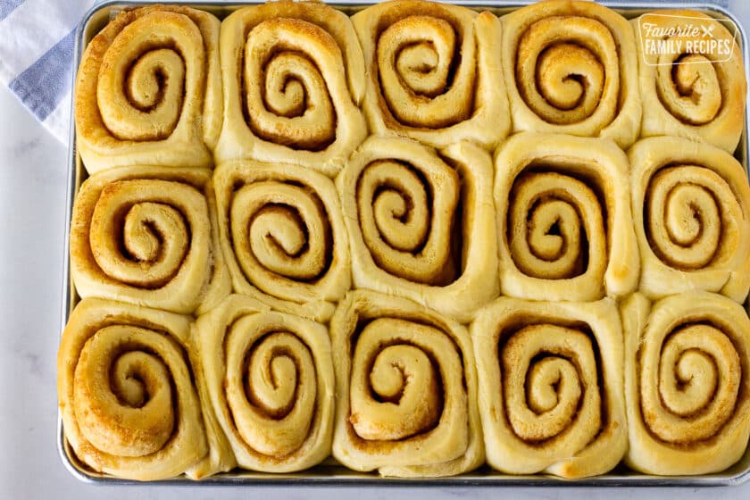 Sheet of baked Homemade Cinnamon Rolls.