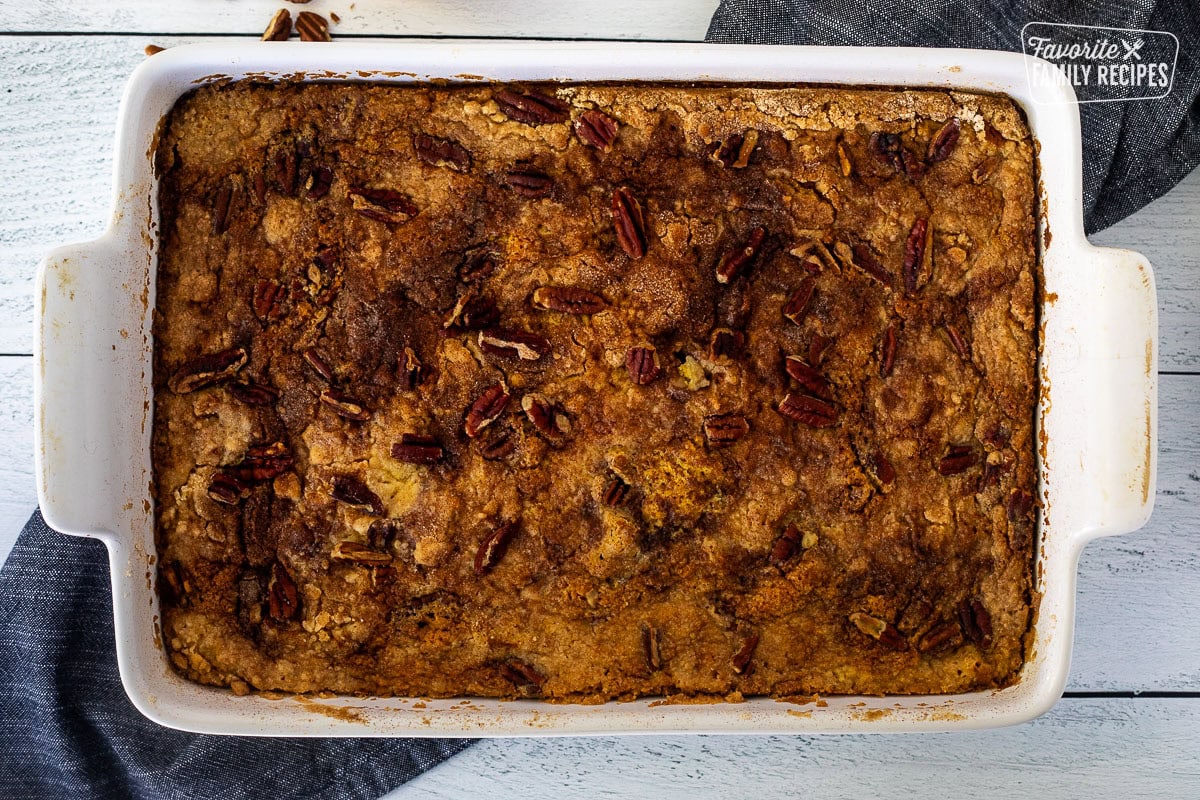 Baked Pumpkin Cobbler in a baking dish.