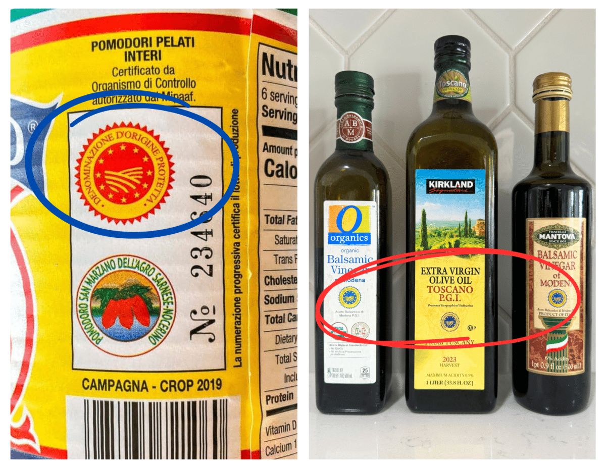 different grocery items showing the DOP and PGI labels to show authenticity