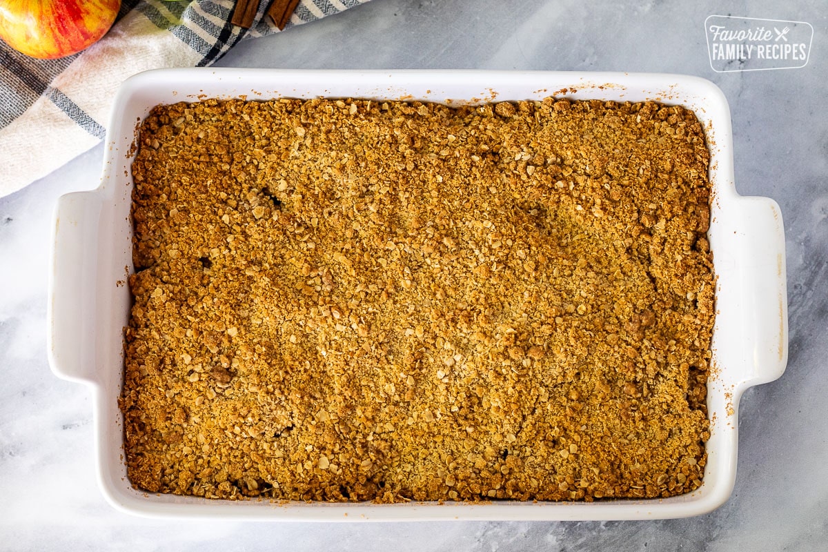 Baking dish with golden warm Apple Crisp.