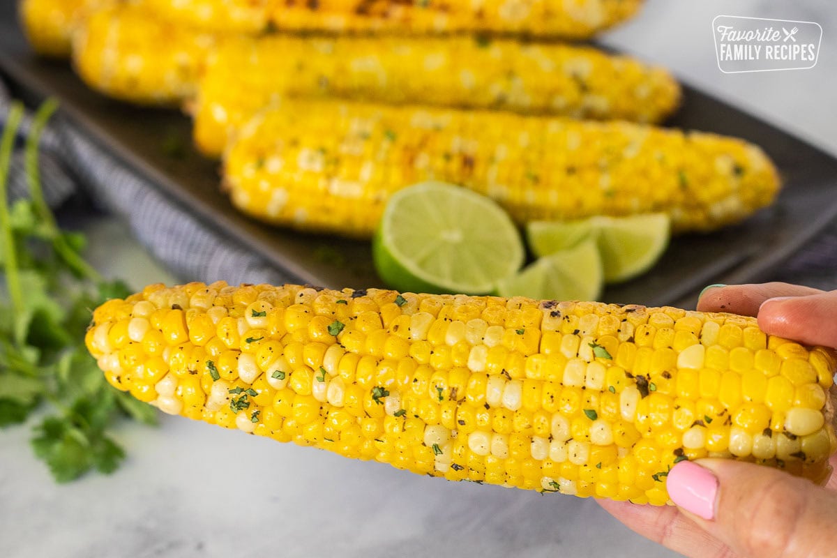 Hand holding a grilled cob of corn.