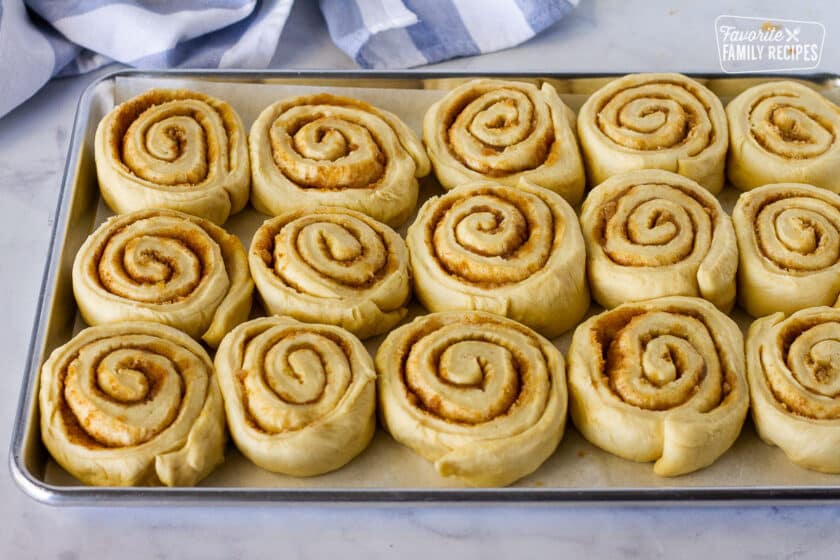 Baking sheet of Homemade Cinnamon Rolls.