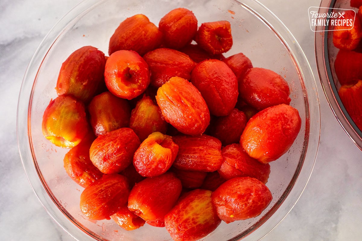 Bowl of peeled tomatoes.