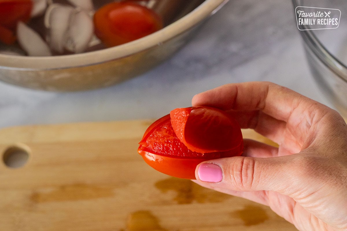 Peeled skin of Roma tomato.