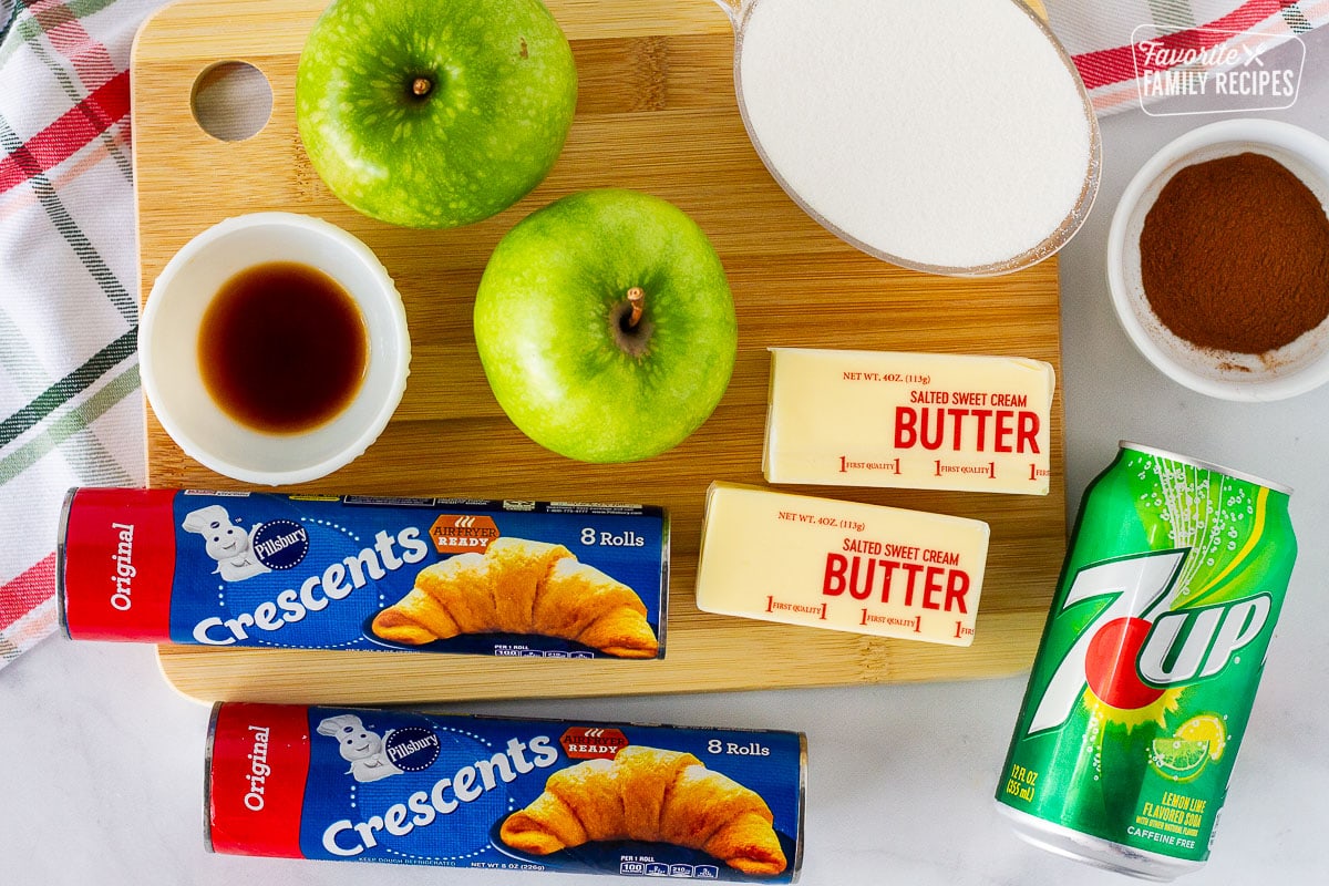 Apples, cinnamon, soda, sugar, butter, crescents and vanilla to make Apple Dumplings.