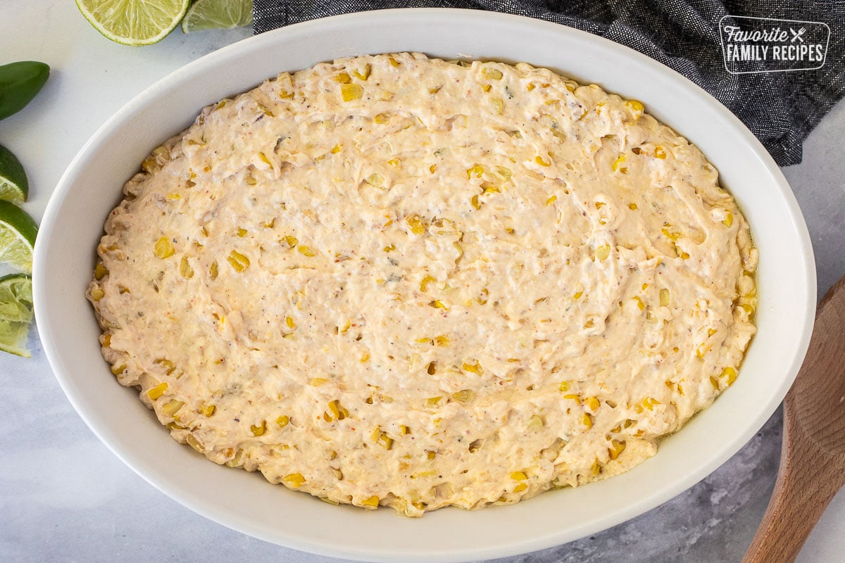 Baking dish with unbaked Mexican Street Corn Dip.