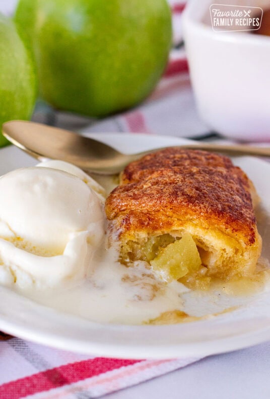 Apple Dumpling on a plate with ice cream.