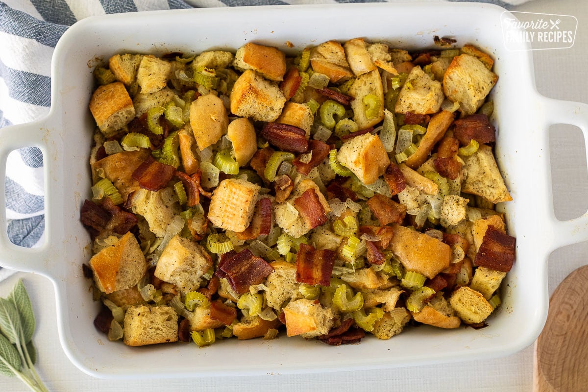 Baking dish with Bacon Stuffing.