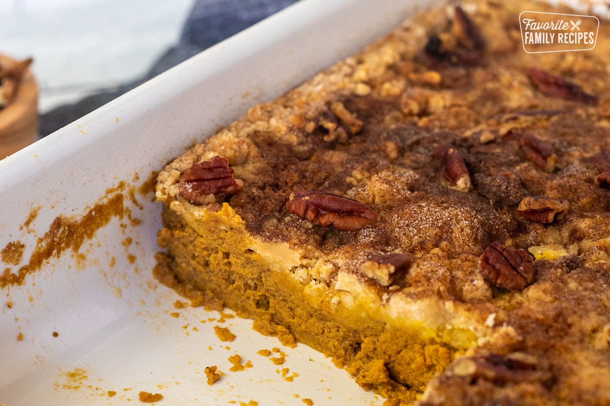 Cut out side of Pumpkin Cobbler in a baking dish.