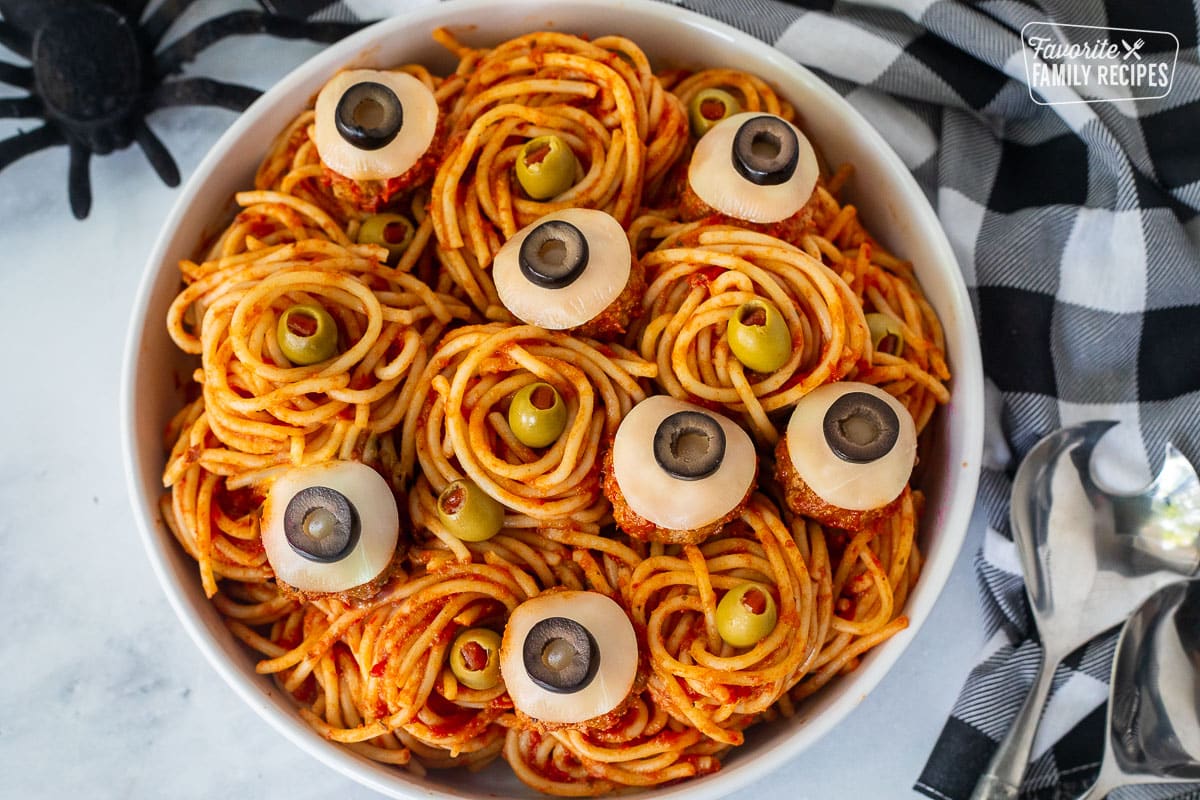 Spaghetti and Eyeball shaped meatballs with green olives.