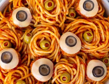 Bowl with Spaghetti and Eyeball meatballs.