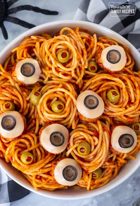 Bowl with Spaghetti and Eyeball meatballs.