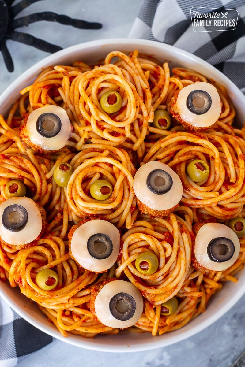 Bowl with Spaghetti and Eyeball meatballs.