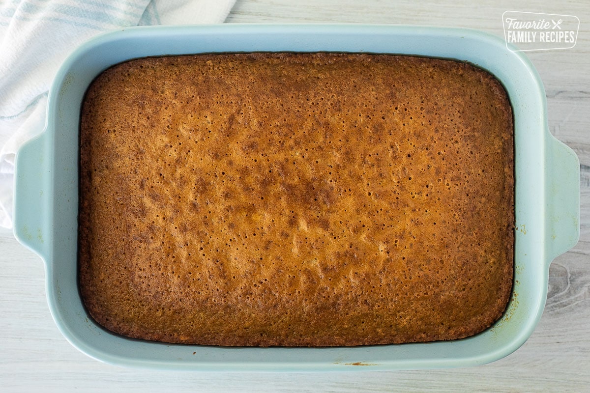 Baking dish with baked Oatmeal Cake.