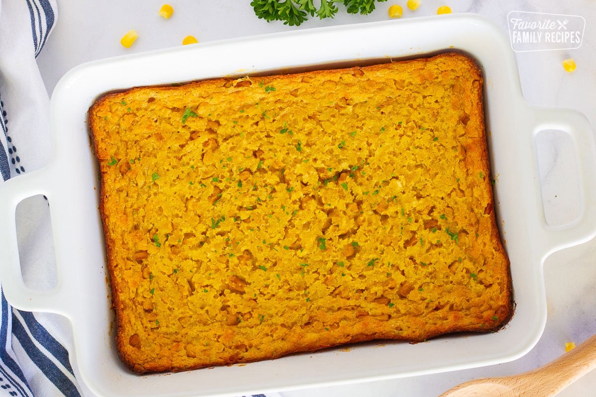 Baked dish of Corn Casserole.