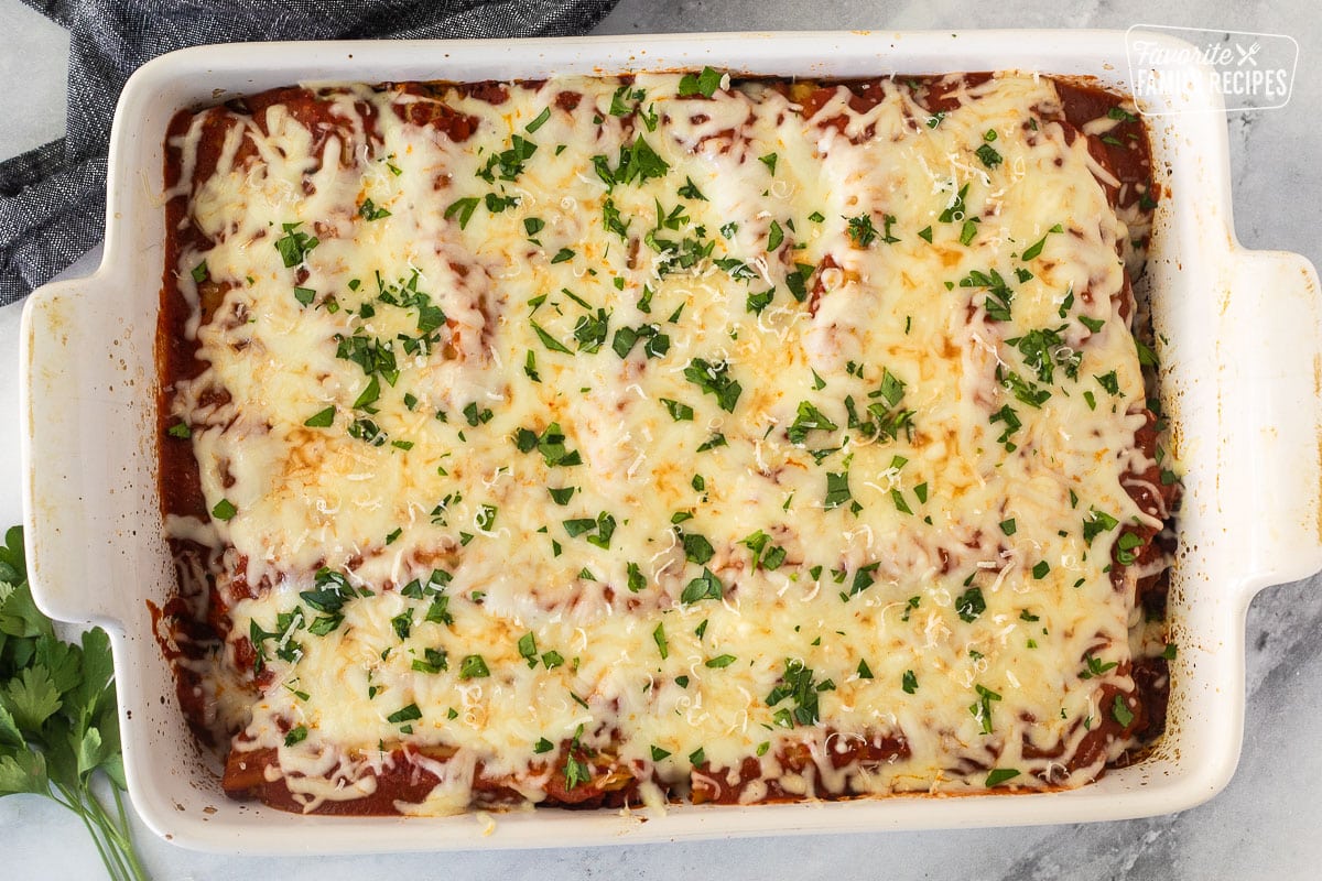 Chicken and Spinach Manicotti in a baking dish.