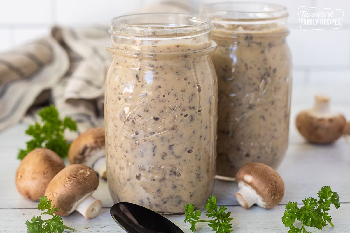 Condensed Cream of Mushroom Soup in mason jars.