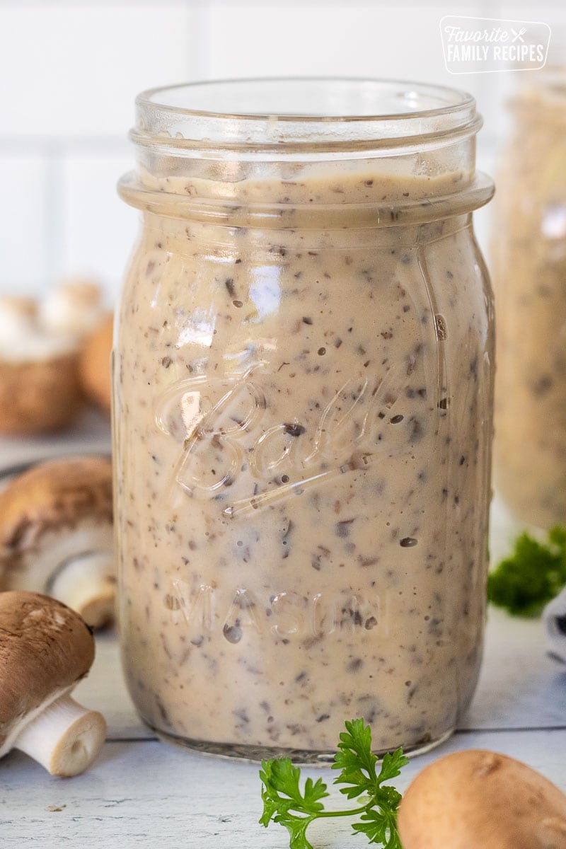 Condensed Cream of Mushroom Soup in glass jar.