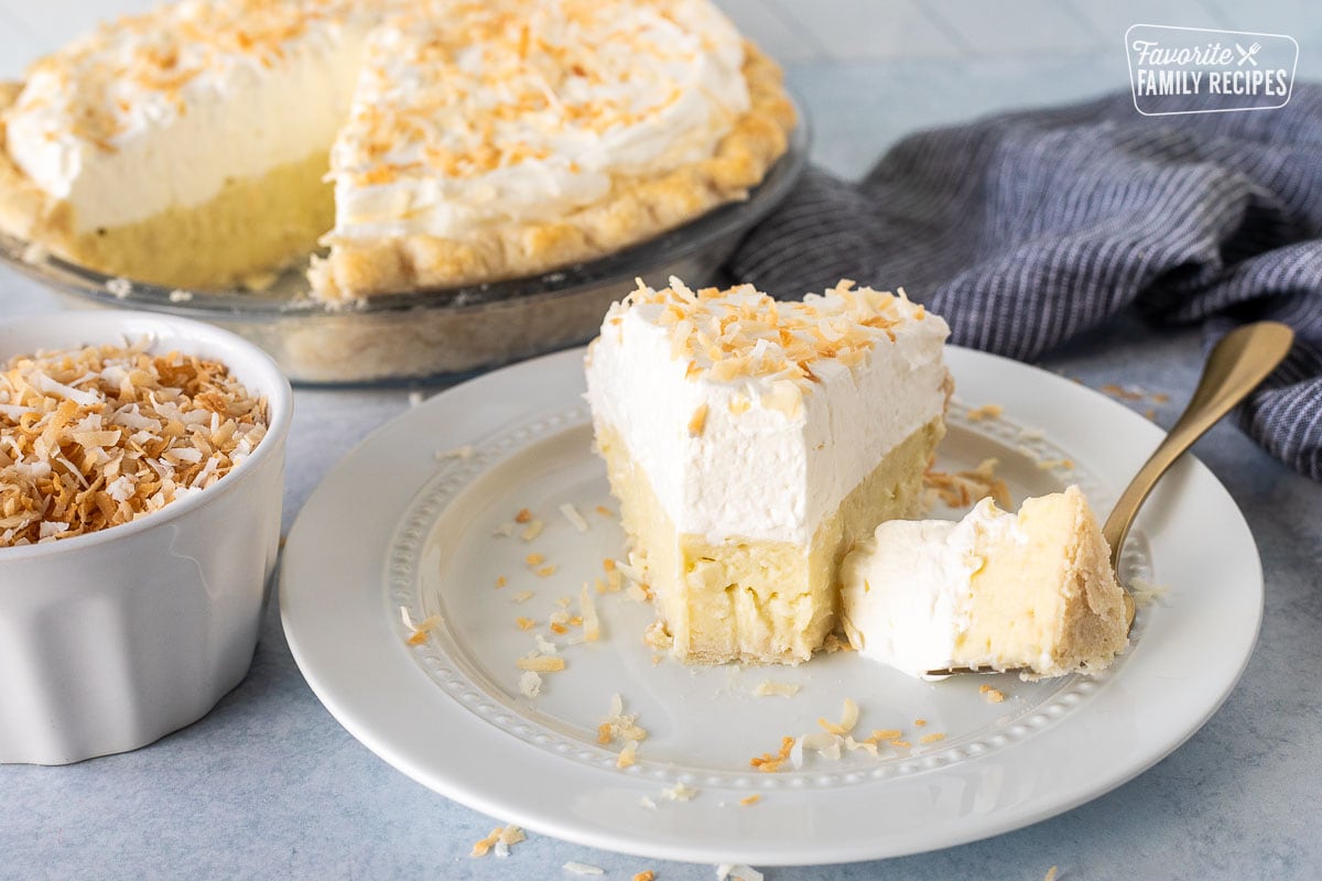 Eaten slice Coconut Cream Pie with a fork resting on a plate.