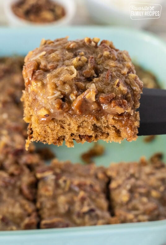 Slice of Oatmeal Cake on a spatula.