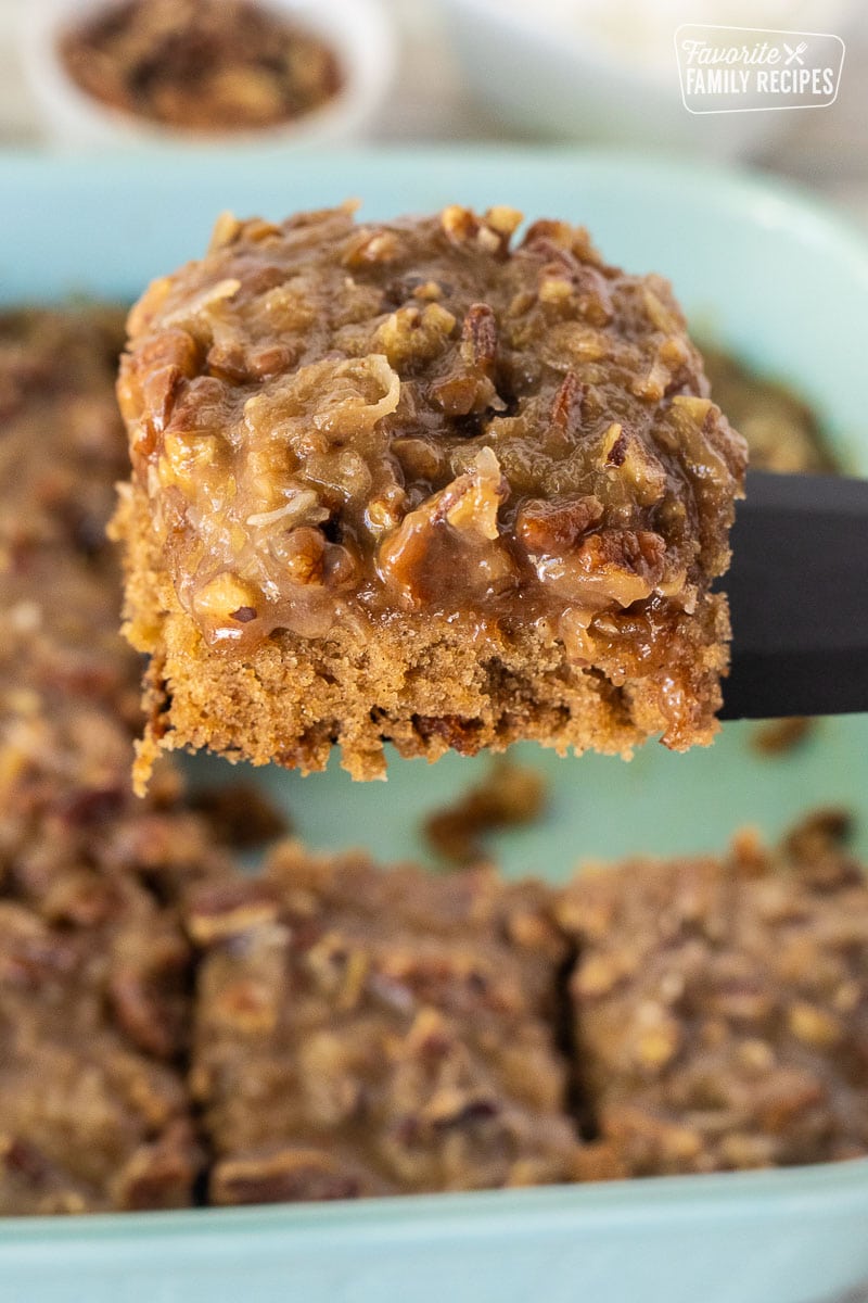 Slice of Oatmeal Cake on a spatula.