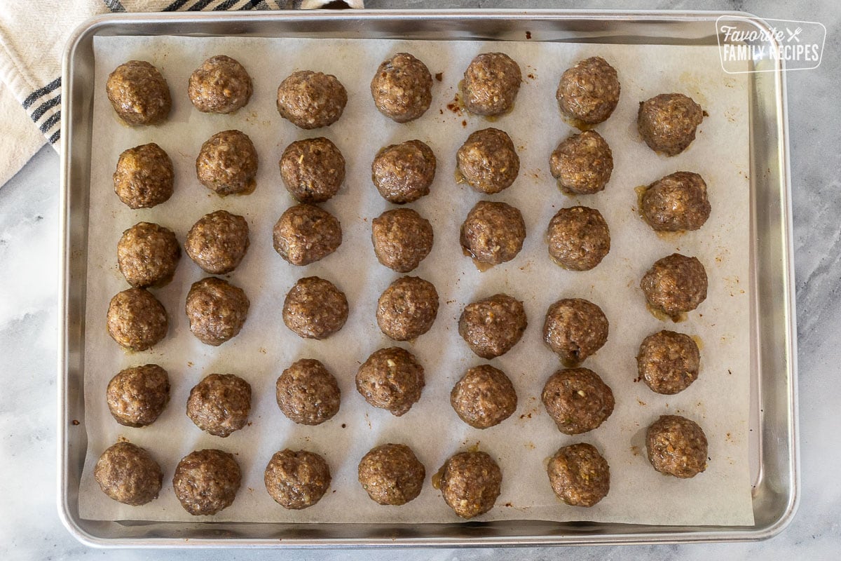 Baked meatballs on a baking sheet lined with parchment paper.