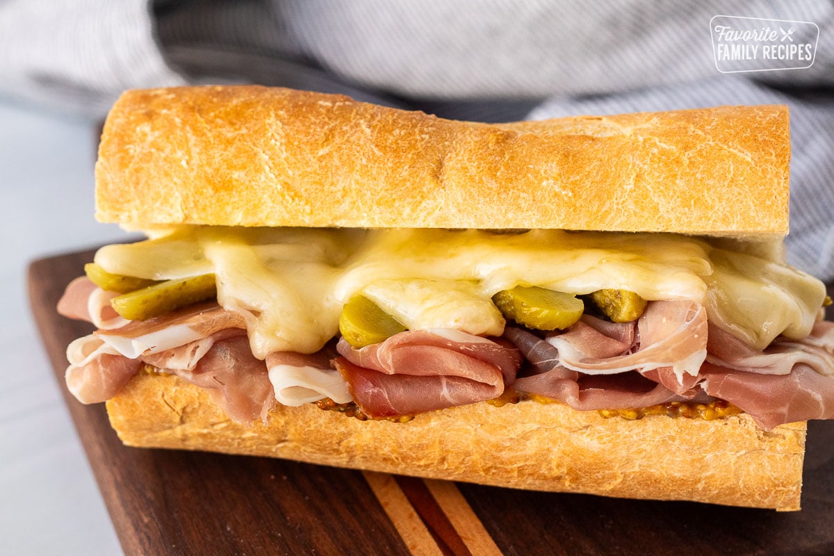 Raclette sandwich on a French baguette.