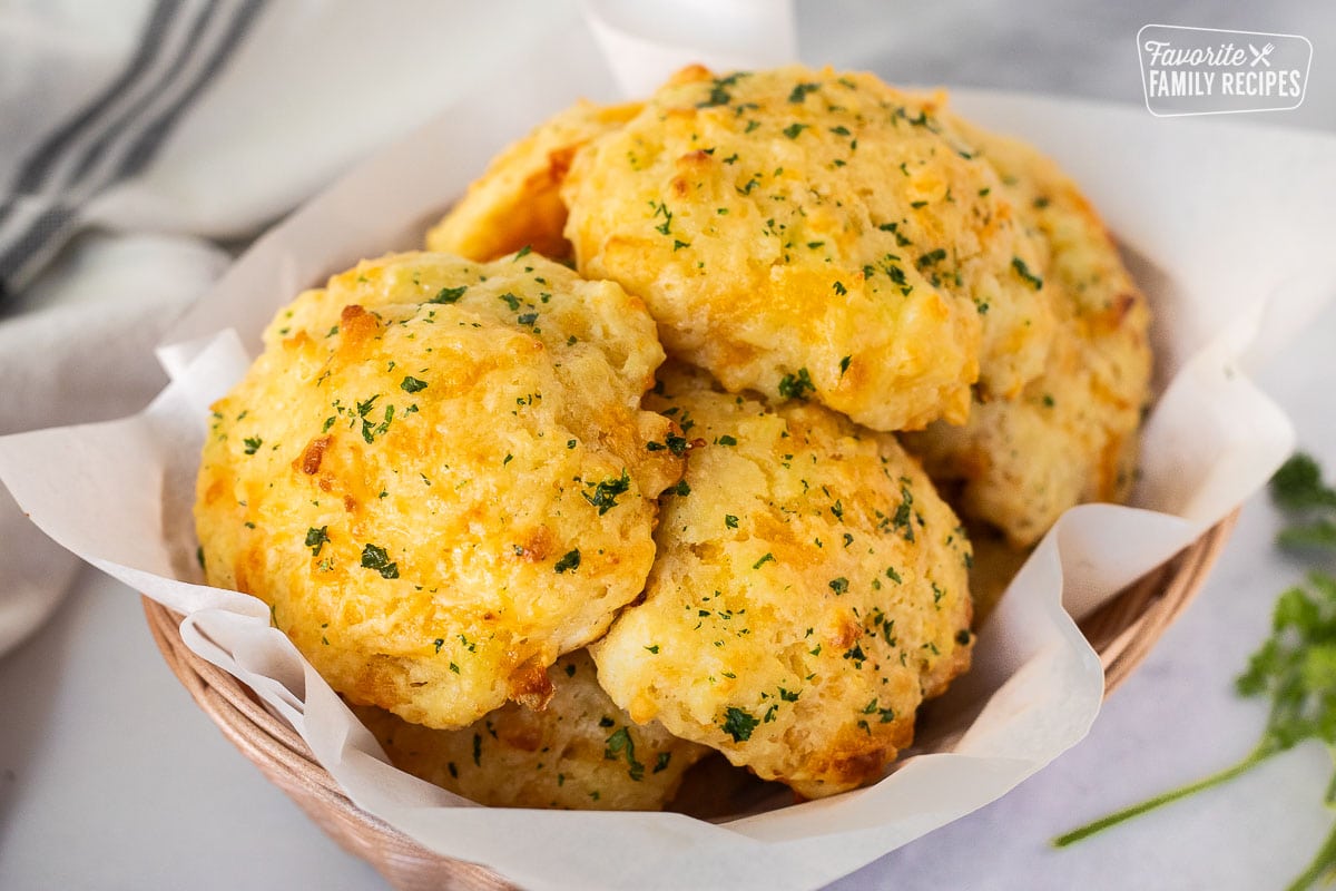 Cheddar Bay Biscuits in a basket.