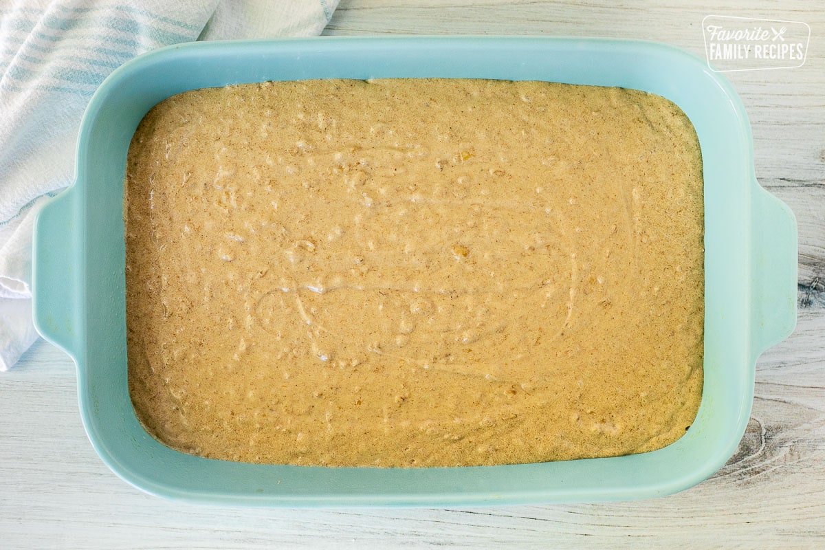 Baking dish with unbaked oatmeal cake.