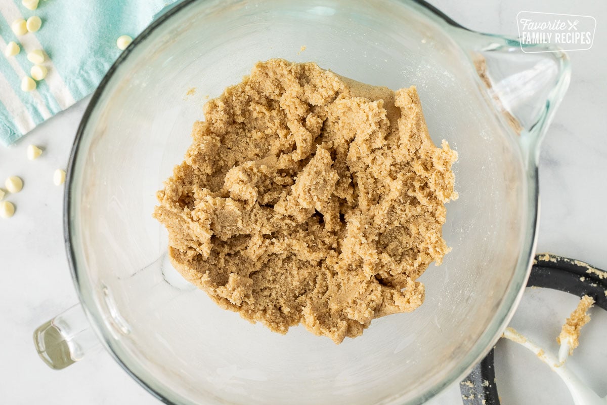 Mixing bowl with creamed sugar and butter for Vanilla Cookies.