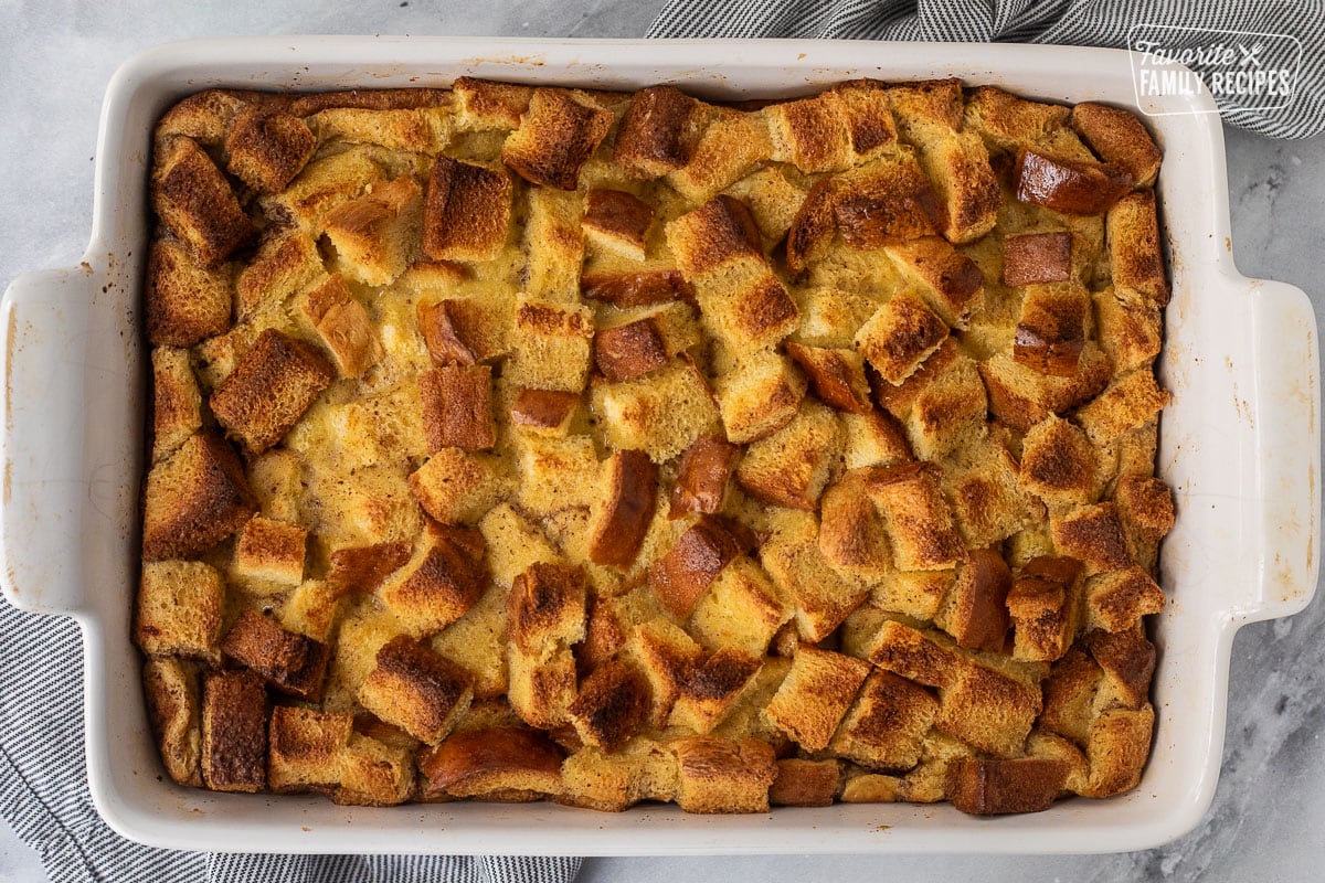 Baked brioche French toast casserole in a baking dish.