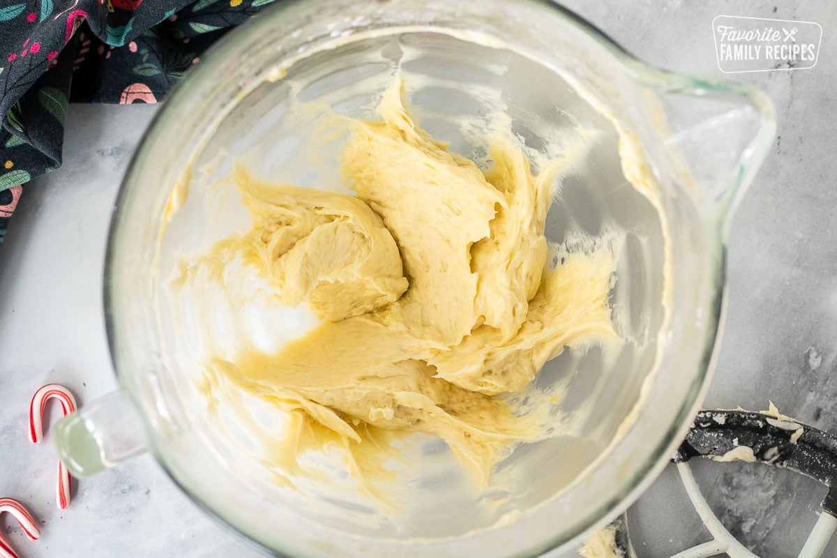 Mixing bowl with creamed butter, shortening, sugar, and egg.