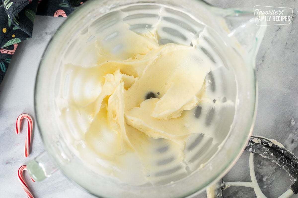 Mixing bowl with creamed butter and shortening.