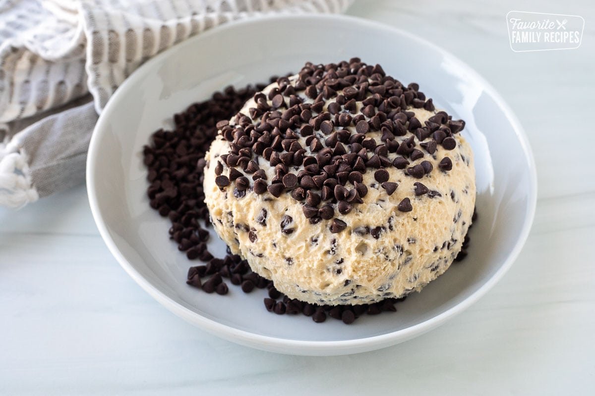 Bowl with Chocolate Chip Cheese Ball and extra mini chocolate chips to press into sides.