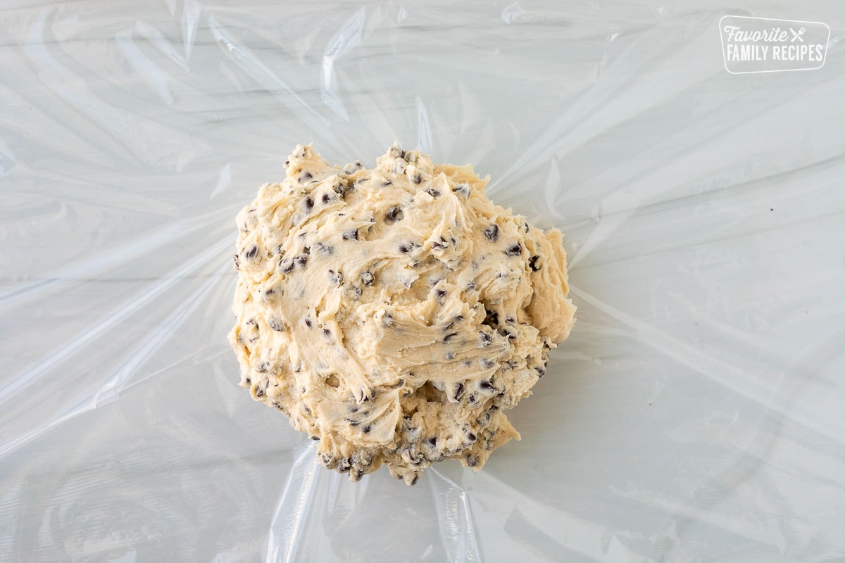 Plastic wrap with Chocolate Chip Cheese Ball.