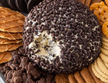 Chocolate Chip Cheese Ball on a plate with cookies and pretzels around. Scooped out area missing on the ball.