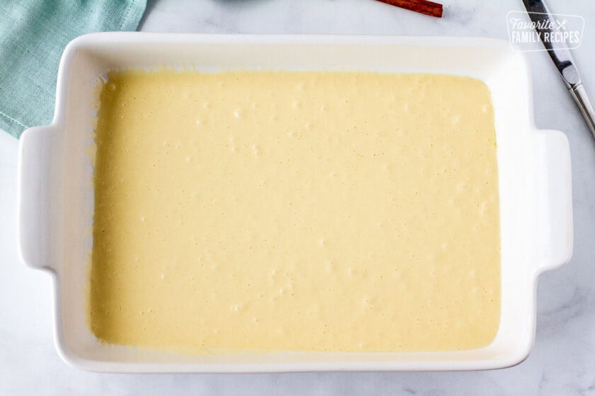 Baking dish with cake batter.